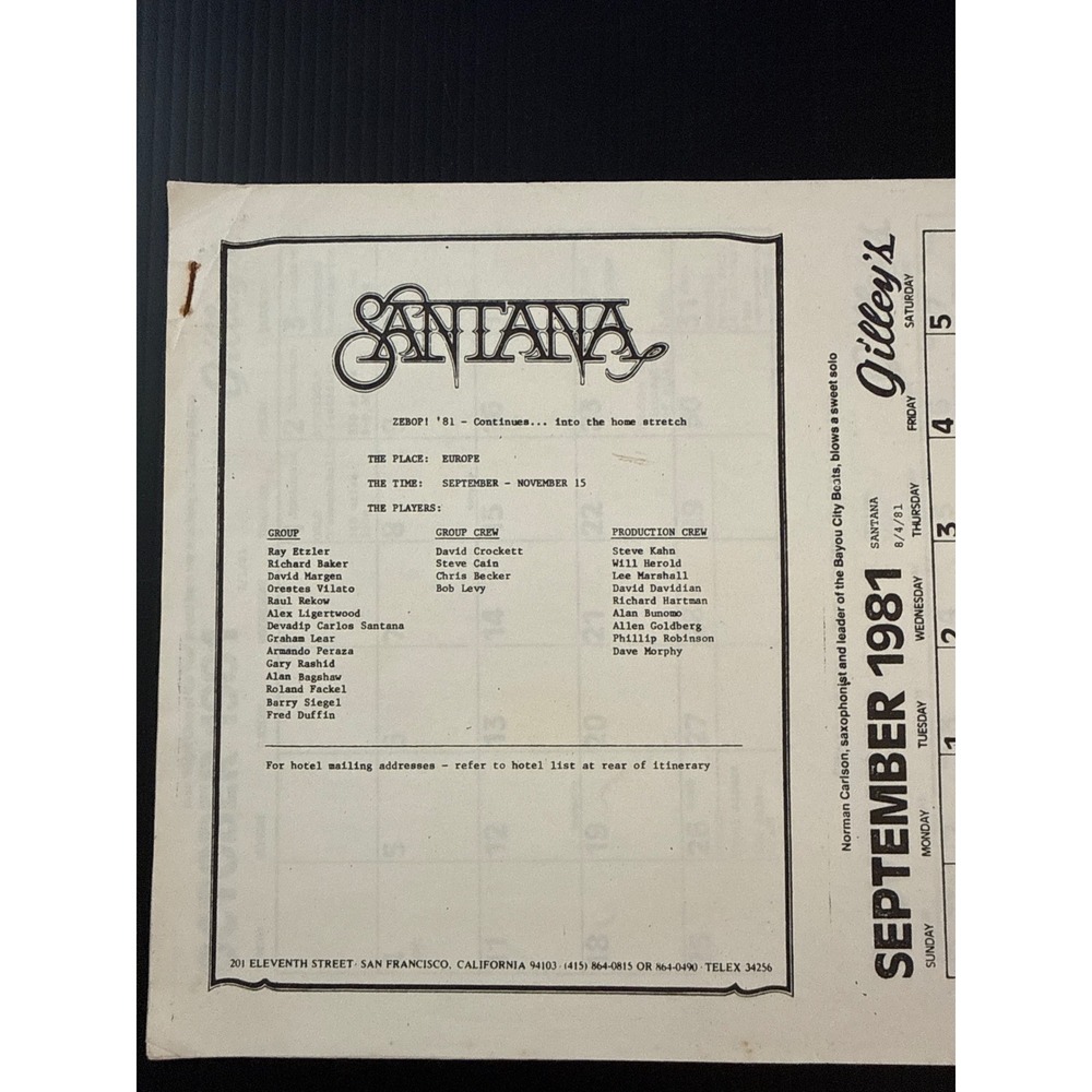Vintage 1981 Santana Zebop Europe Tour Itinerary Ephemera Carlos Santana